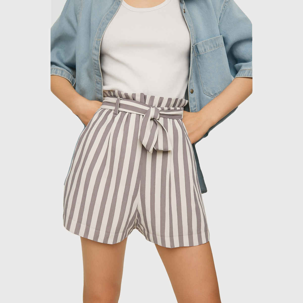 Luxrio Women's Shorts Cotton Striped Shorts | WMNSHORTSSTRP | Grey - M