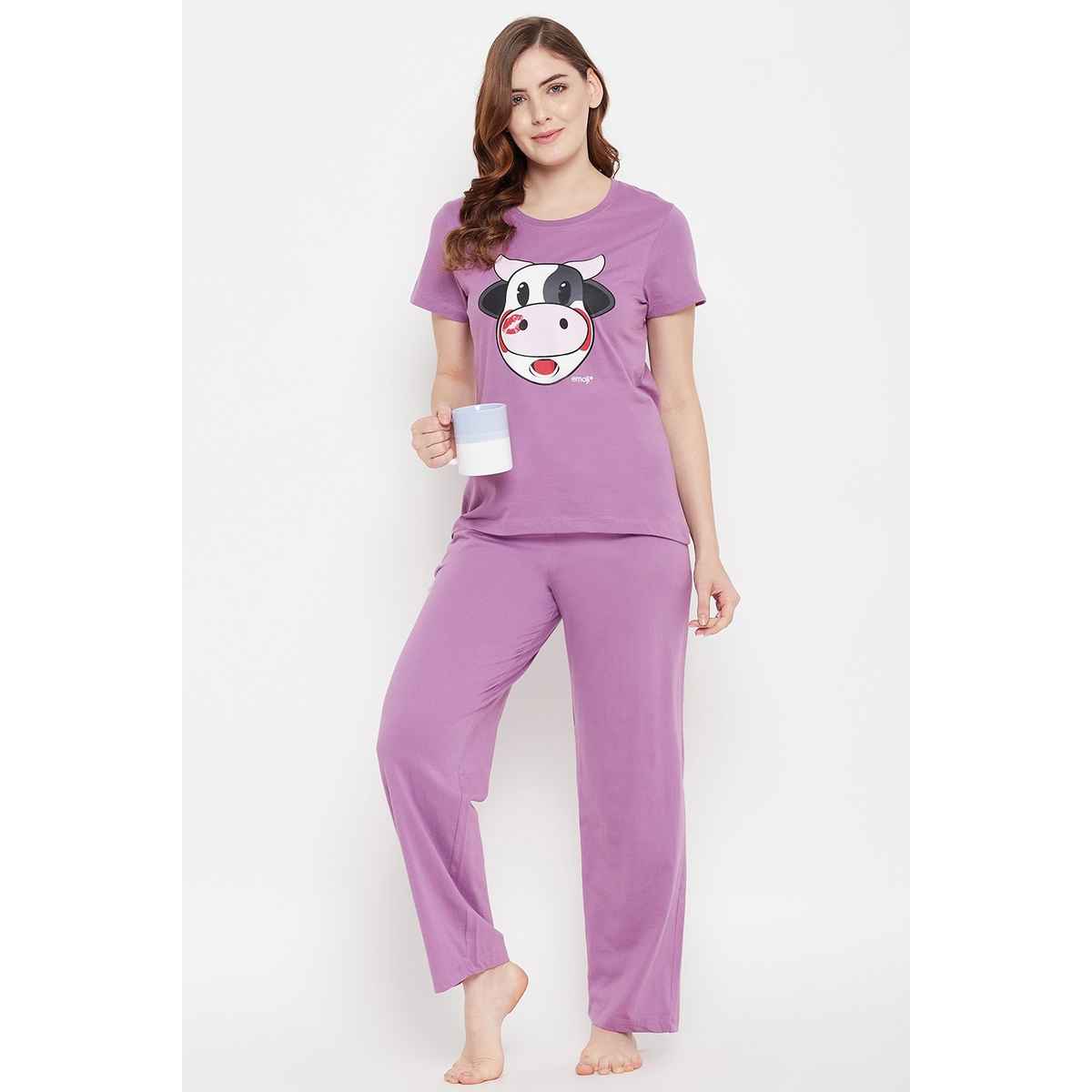 Clovia Cow Emoji Print Top & Solid Pyjama Set - 100% Cotton(Purple - Xl)