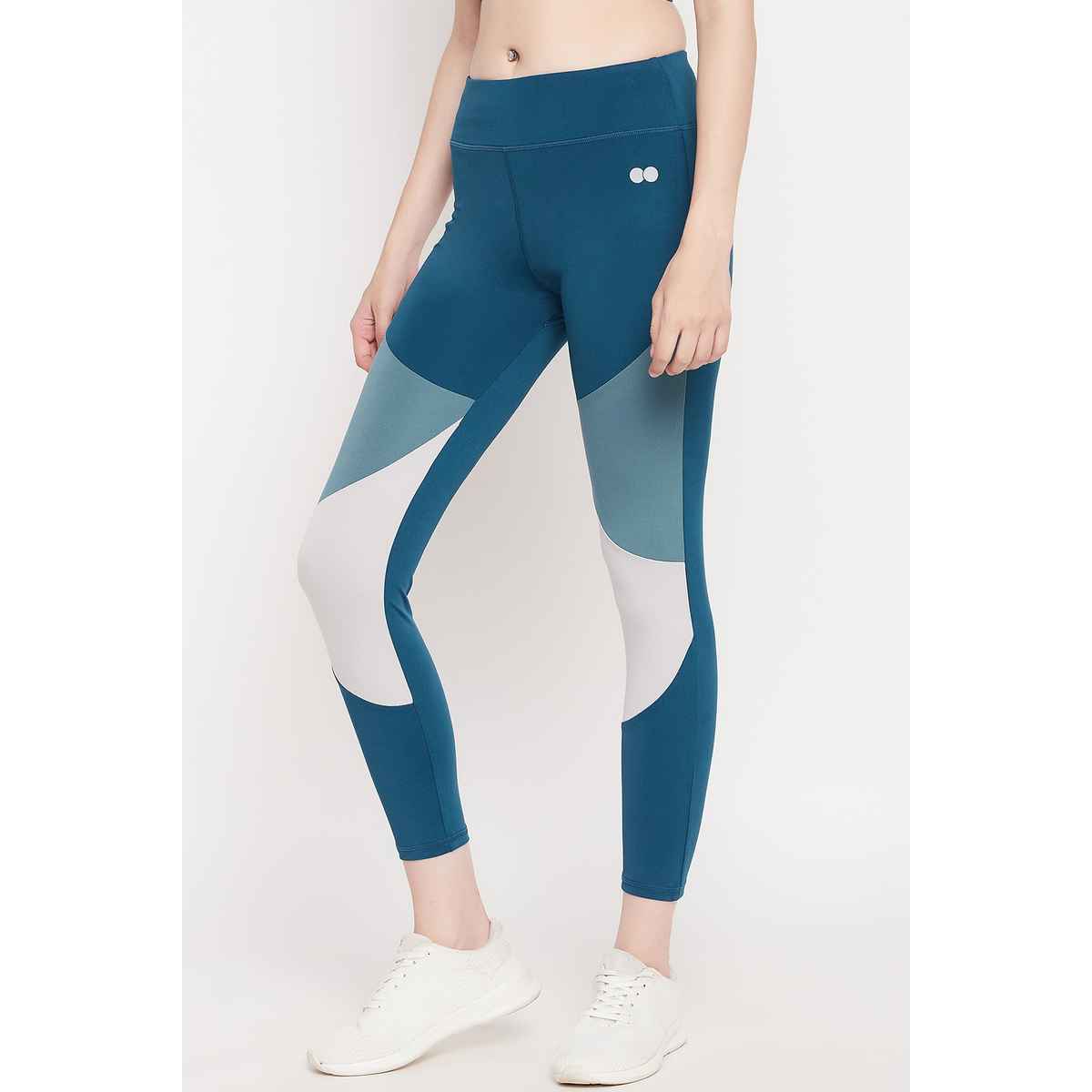 Clovia Snug Fit High-Rise Colourblocked Active Tights | Teal | L