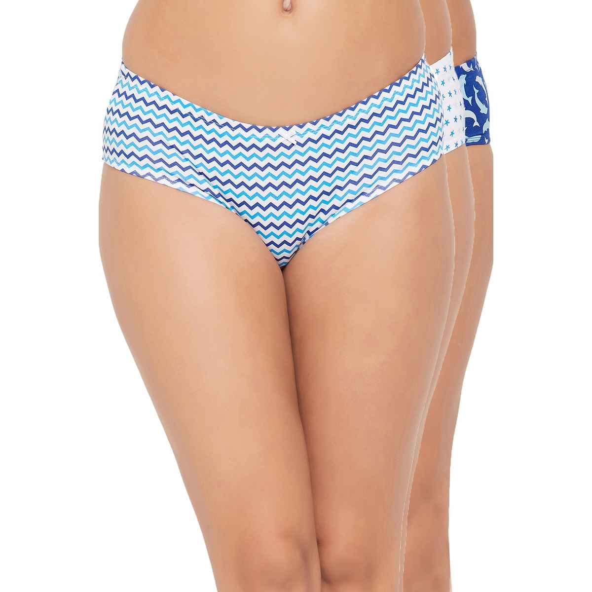 Clovia Pack Of 3 Mid Waist Printed Hipster Panties With Inner Elastic - Cotton(White , Blue - M)