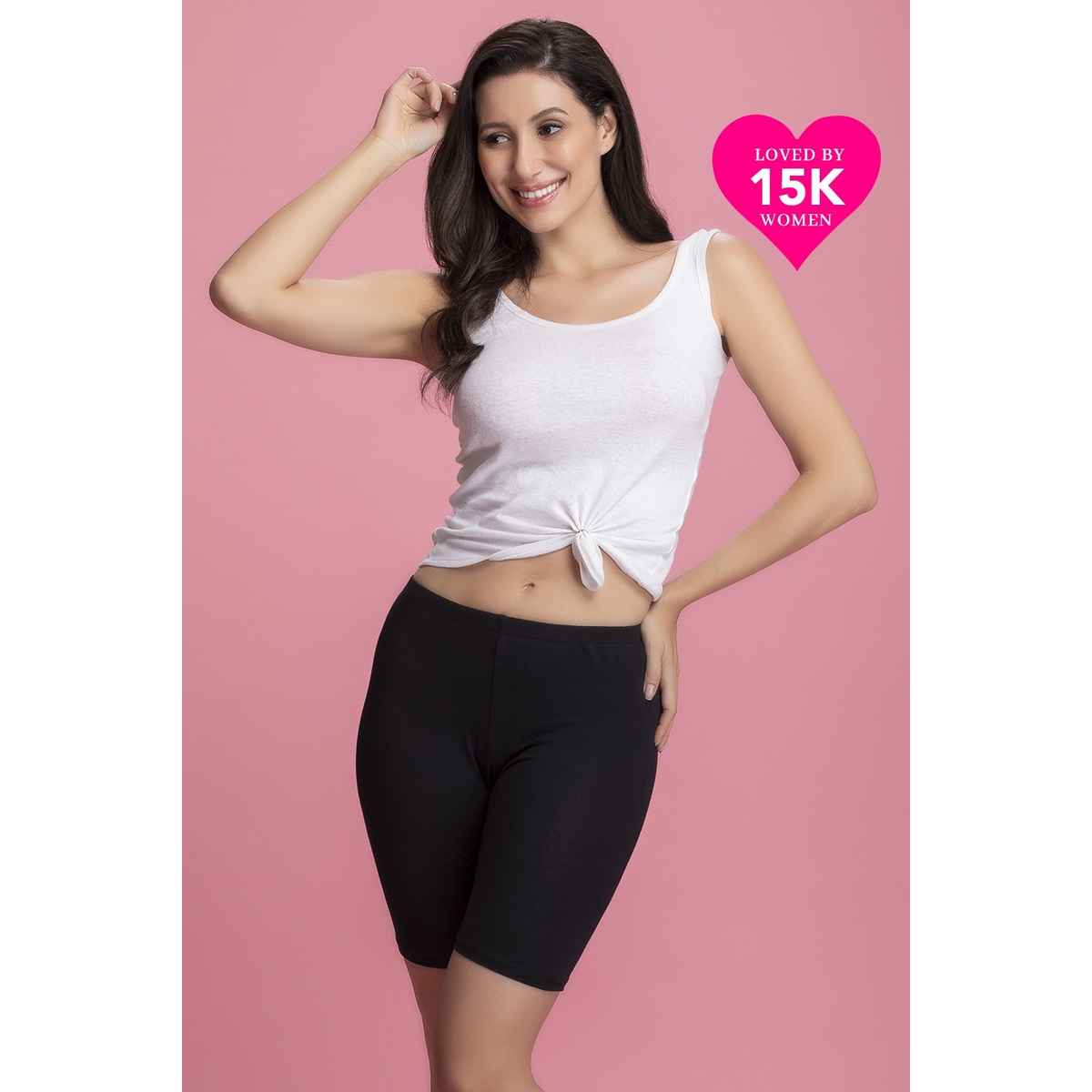 Clovia Cotton Mid Waist Cycling Shorts With Inner Elastic | Black | XL