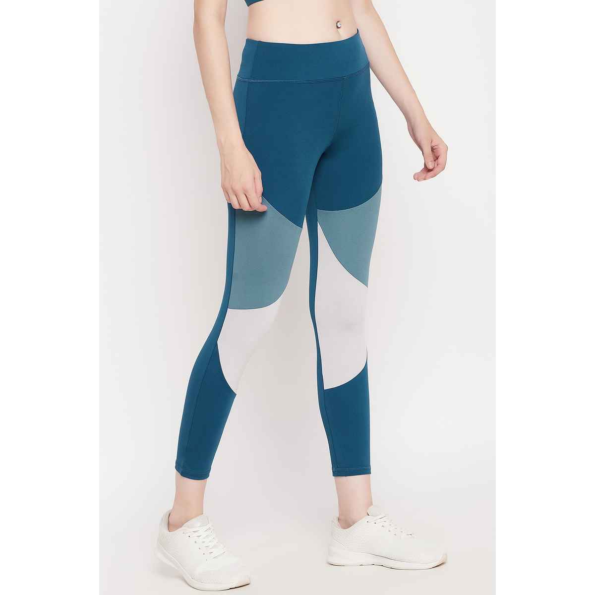 Clovia Snug Fit High-Rise Colourblocked Active Tights | Teal | L