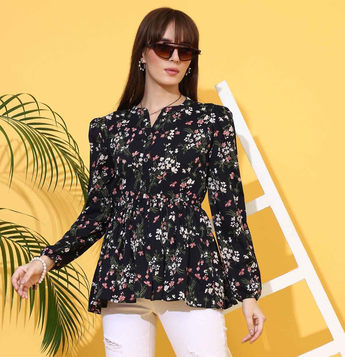 Sheetal Women's Floral Printed Mandarin Collar Top | 5201 | Black - XL