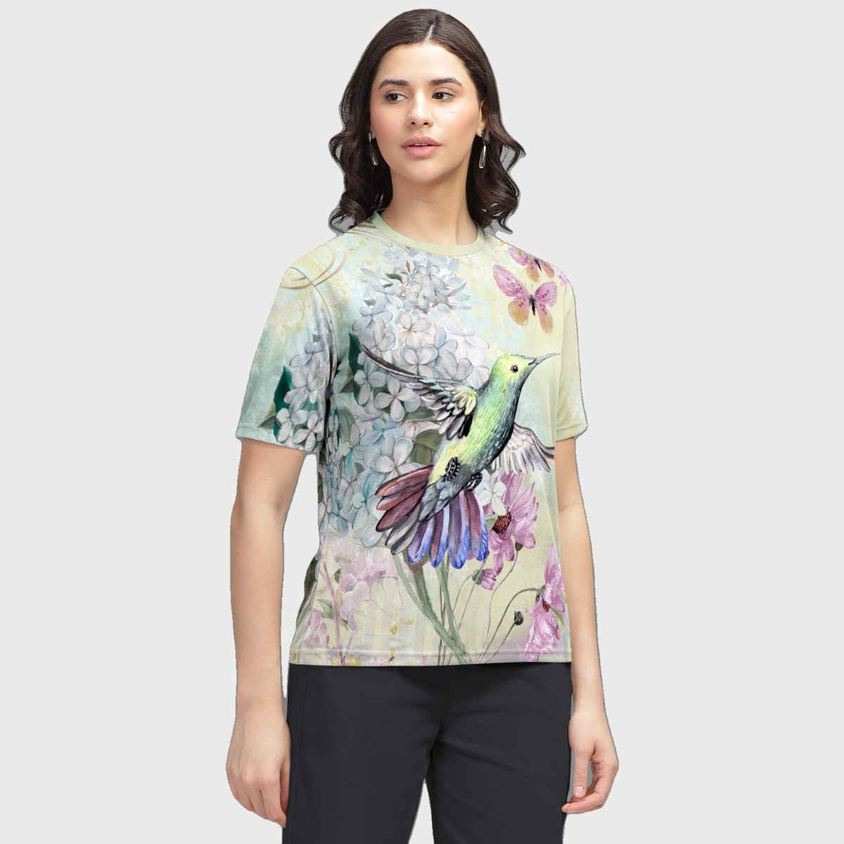 Hellcat Women's Trendy Printed Regular Fit Round Neck casual Tshirt | Beige - L