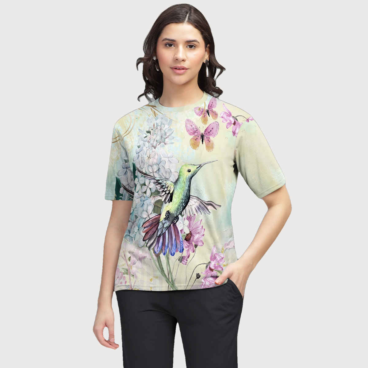 Hellcat Women's Trendy Printed Regular Fit Round Neck casual Tshirt | Beige - L