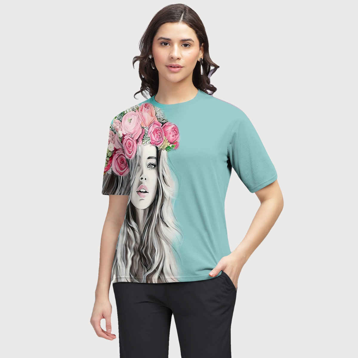 Hellcat Women's Trendy Printed Regular Fit Round Neck casual Tshirt | Mint Green - XL