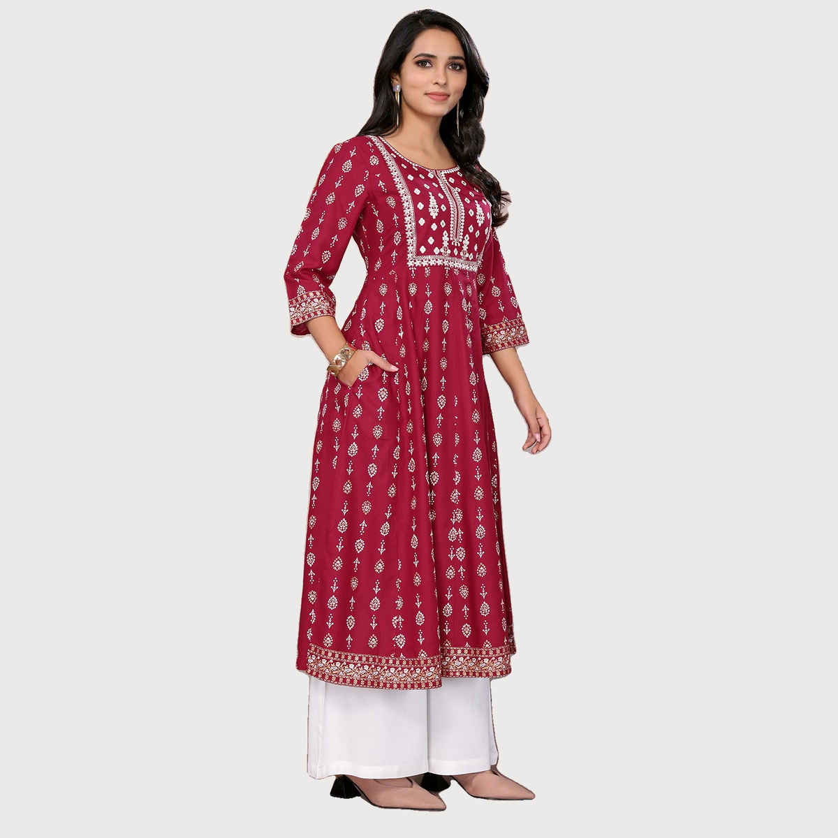 Rangita Women s Maroon Rayon Embroidered Calf Length Anarkali Kurta | XL