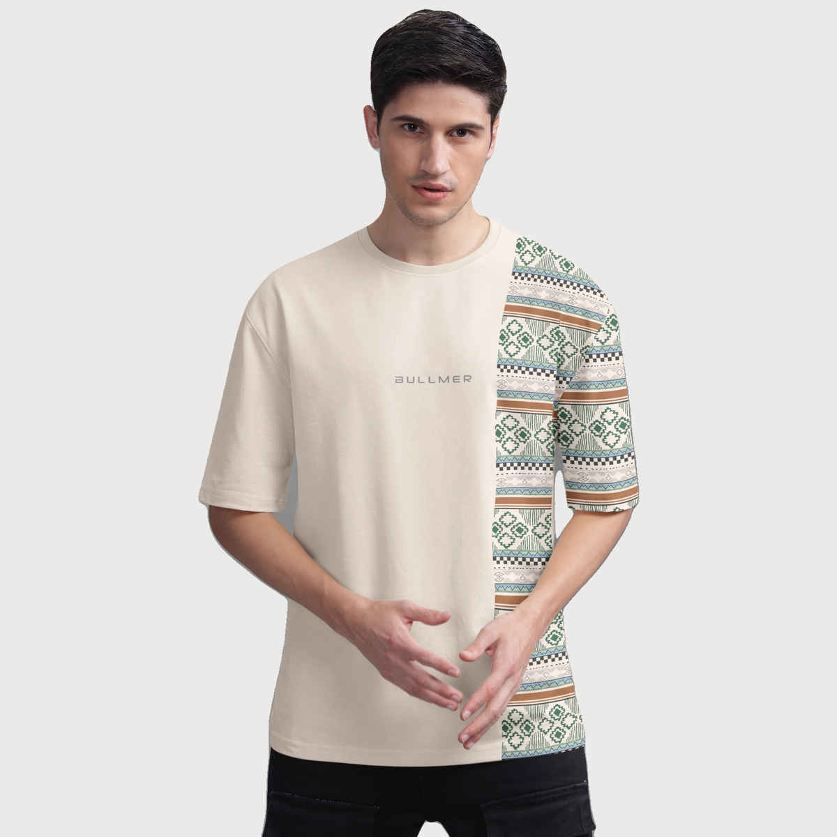 Bullmer Men's Oversized T-shirt Front and Back Printed | Black, Beige | L