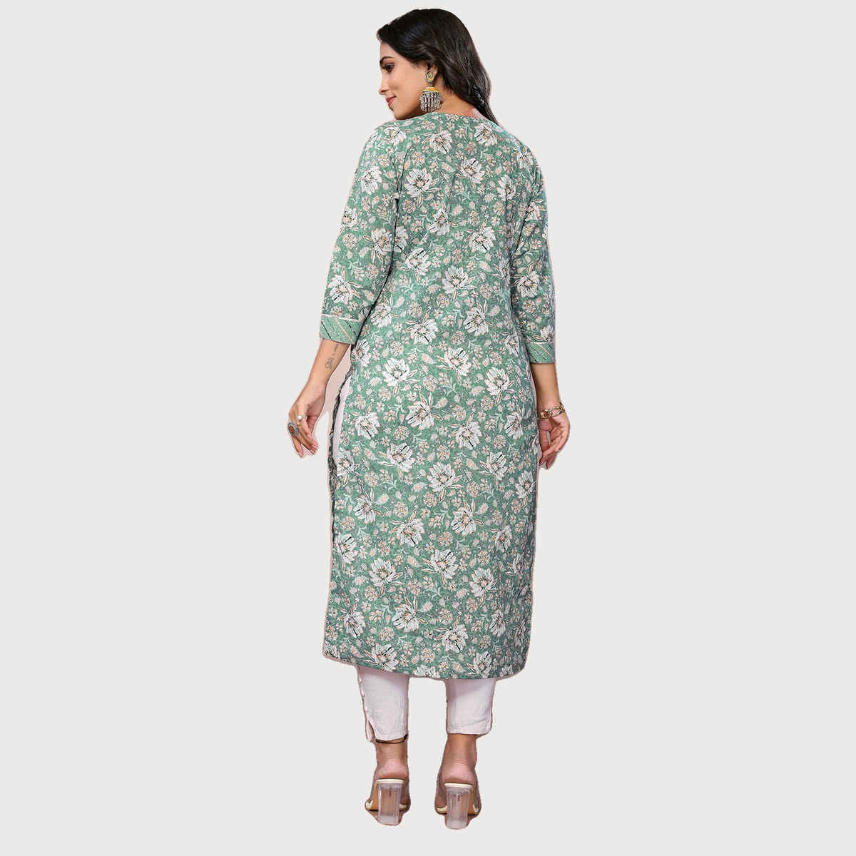 Rangita Women s Green Cotton Embroidered Calf Length Straight Kurta | S