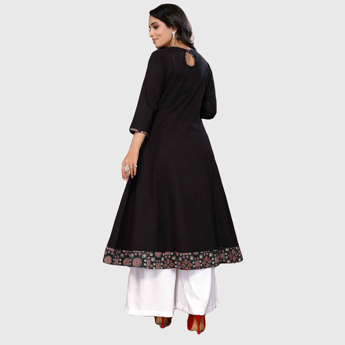 Rangita Women s Black Cotton Embroidered Calf Length Flared Kurta | L