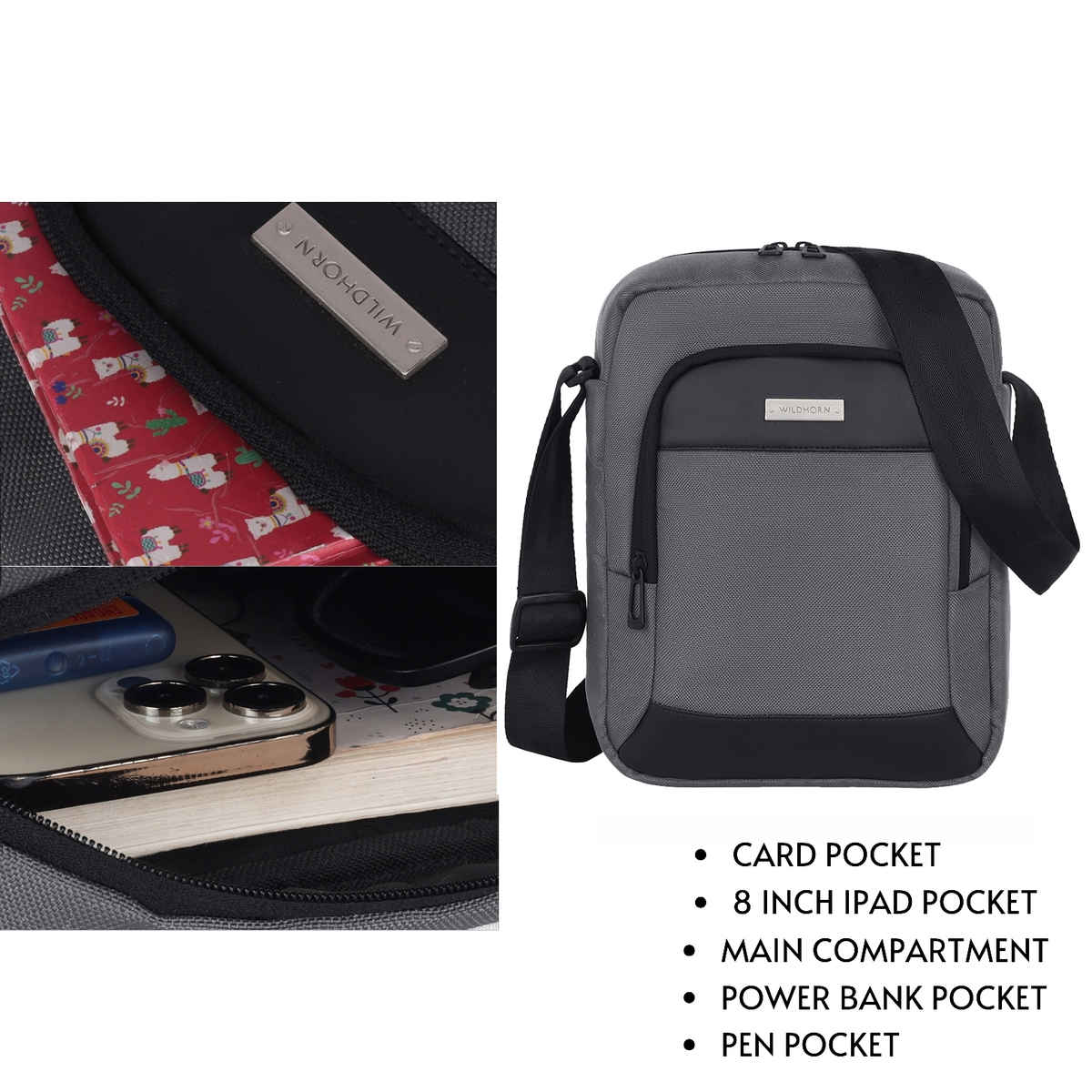 WILDHORN Sling Crossbody, Stylish Shoulder Bag for Men Women, Adjustable Strap | Grey