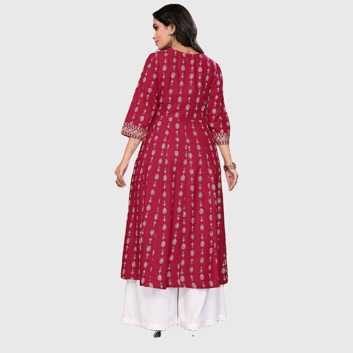 Rangita Women s Maroon Rayon Embroidered Calf Length Anarkali Kurta | XL