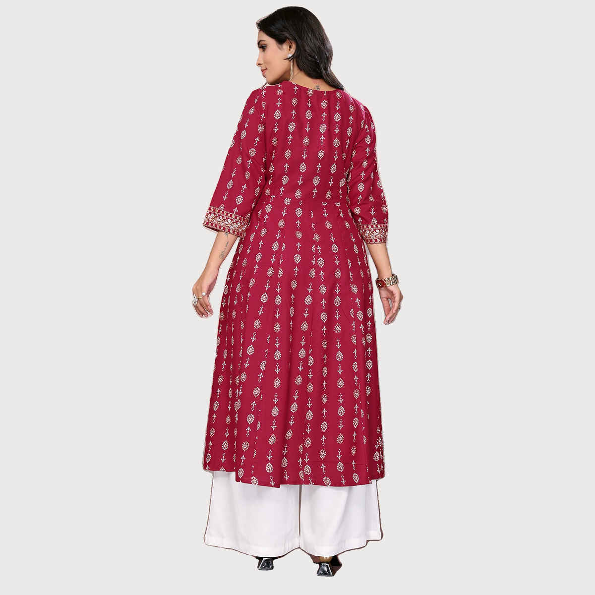Rangita Women s Maroon Rayon Embroidered Calf Length Anarkali Kurta | S