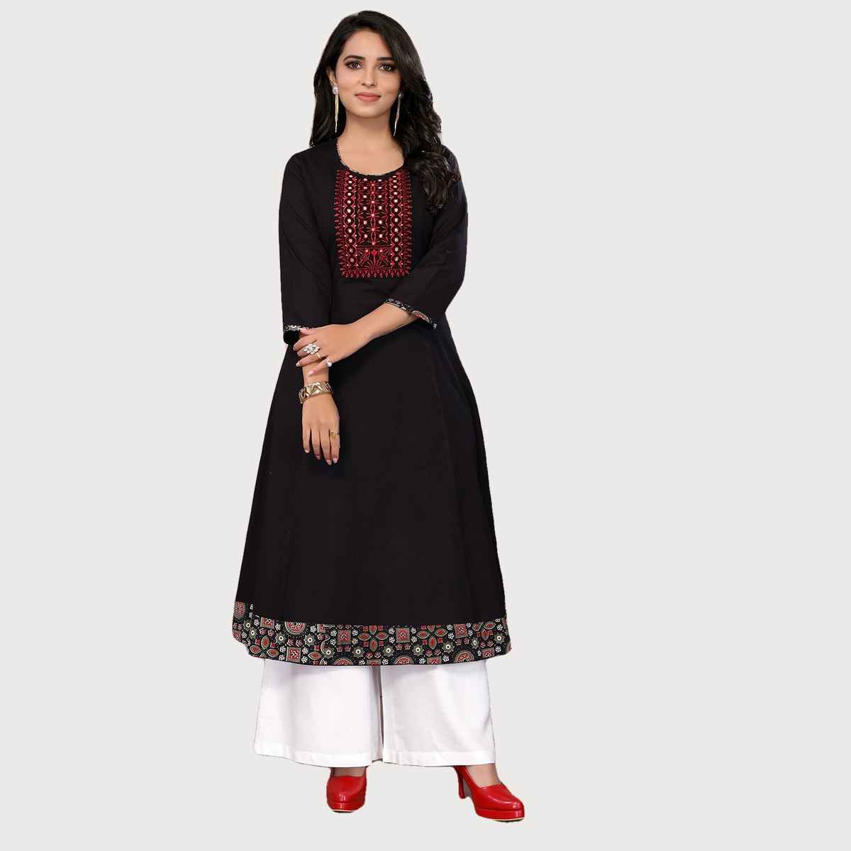 Rangita Women s Black Cotton Embroidered Calf Length Flared Kurta | L