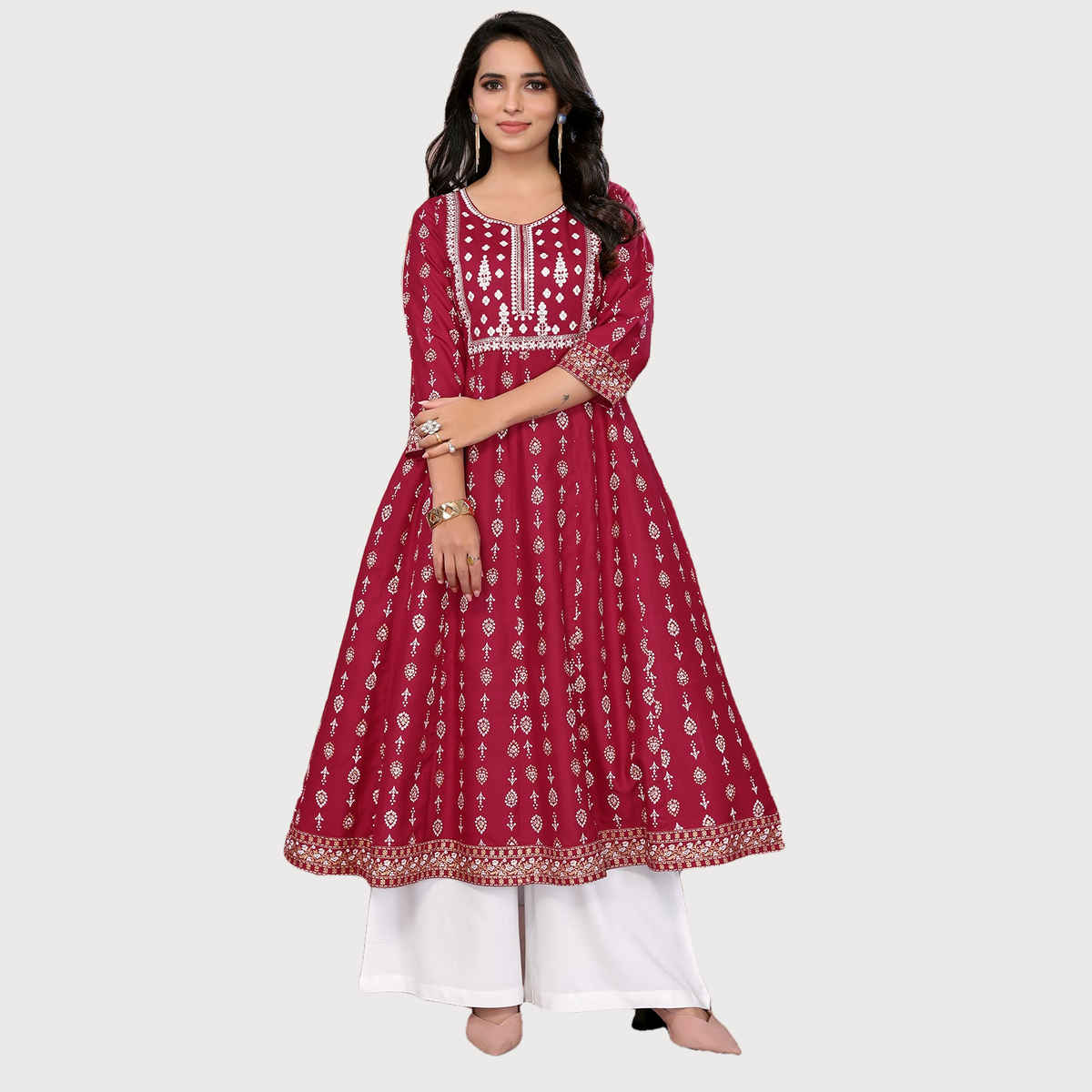 Rangita Women s Maroon Rayon Embroidered Calf Length Anarkali Kurta | XL