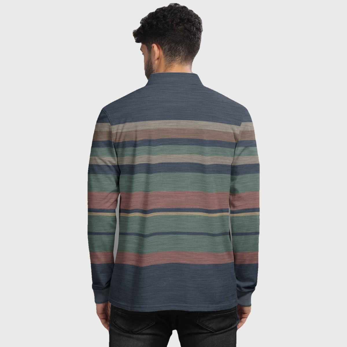 Bullmer Men's Polo Neck Full Sleeve T-shirt Striped Textured Printed | Green | M