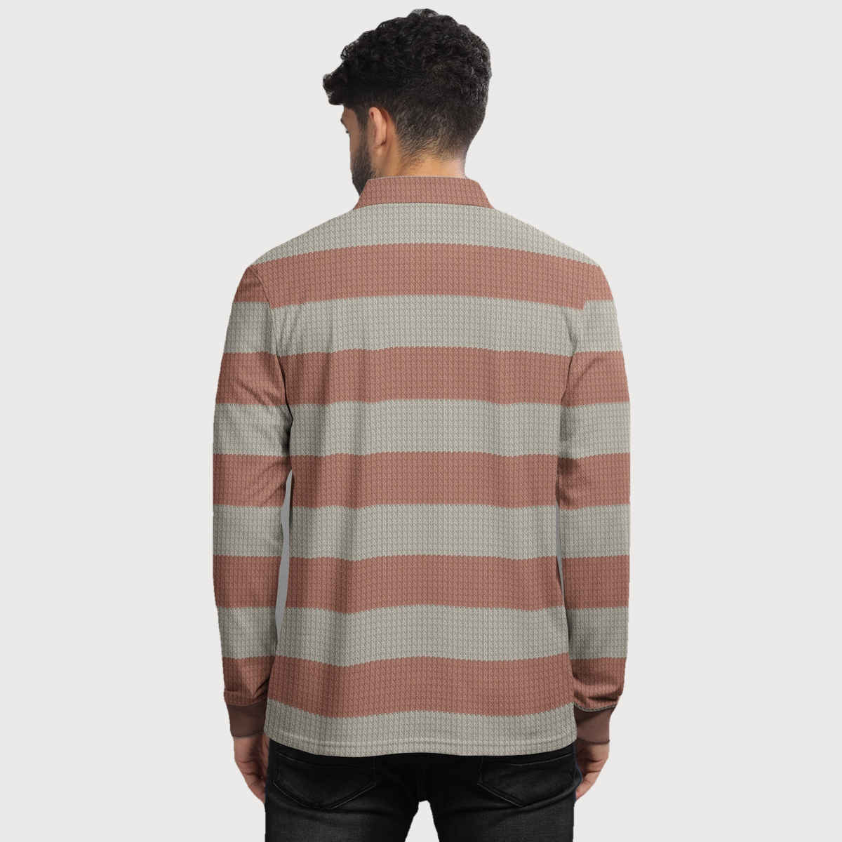 Bullmer Men's Polo Neck Full Sleeve T-shirt Striped Textured Printed | Pink | L