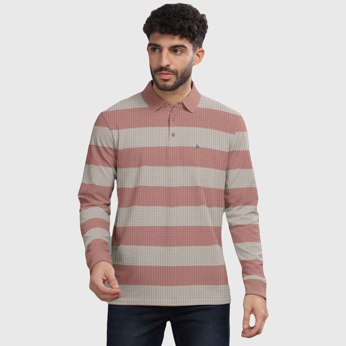 Bullmer Men's Polo Neck Full Sleeve T-shirt Striped Textured Printed | Pink | L