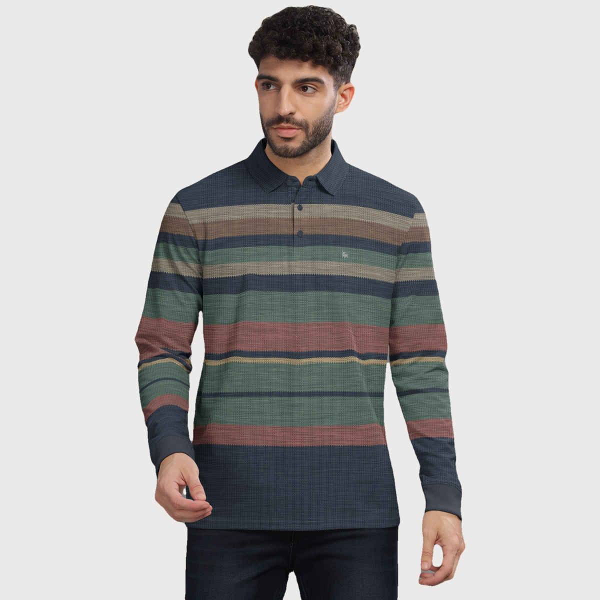 Bullmer Men's Polo Neck Full Sleeve T-shirt Striped Textured Printed | Green | M