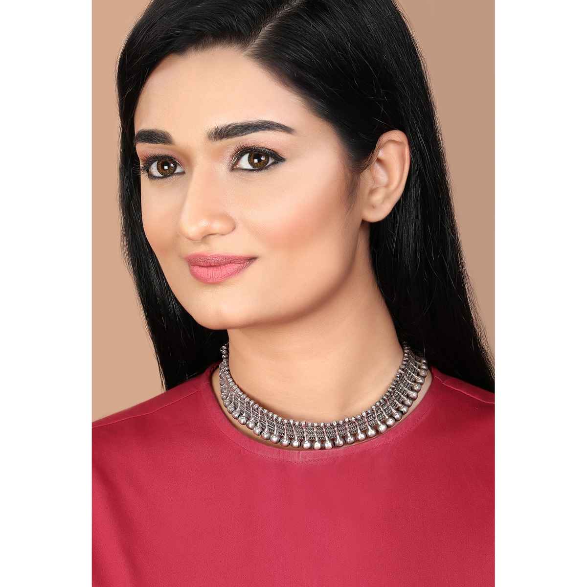 Rubans Oxidised Silver-Plated Beaded Design Handcrafted Choker Necklace