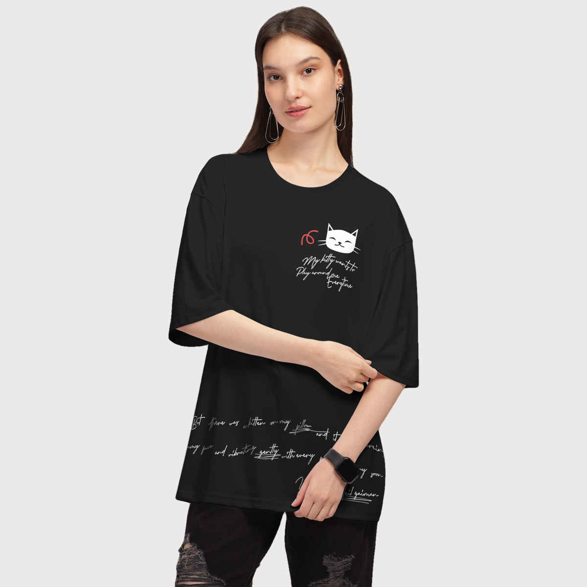 Hellcat Women's Trendy Printed Oversized T-shirt | Black - L