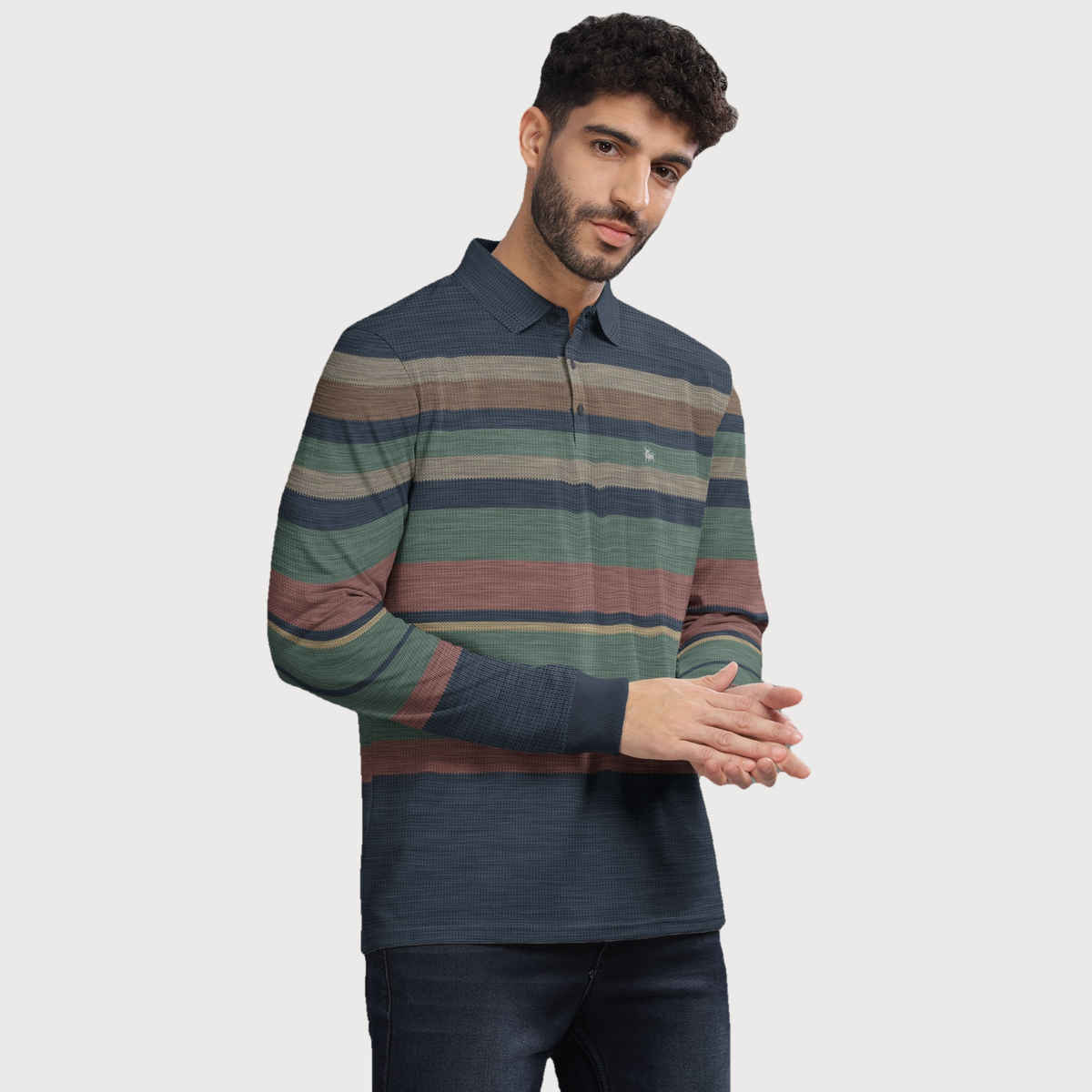 Bullmer Men's Polo Neck Full Sleeve T-shirt Striped Textured Printed | Green | M