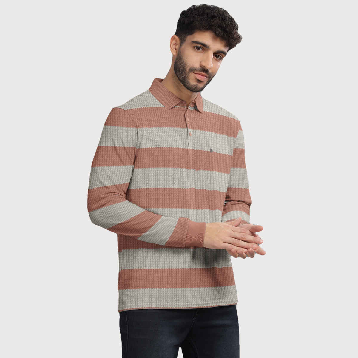 Bullmer Men's Polo Neck Full Sleeve T-shirt Striped Textured Printed | Pink | L