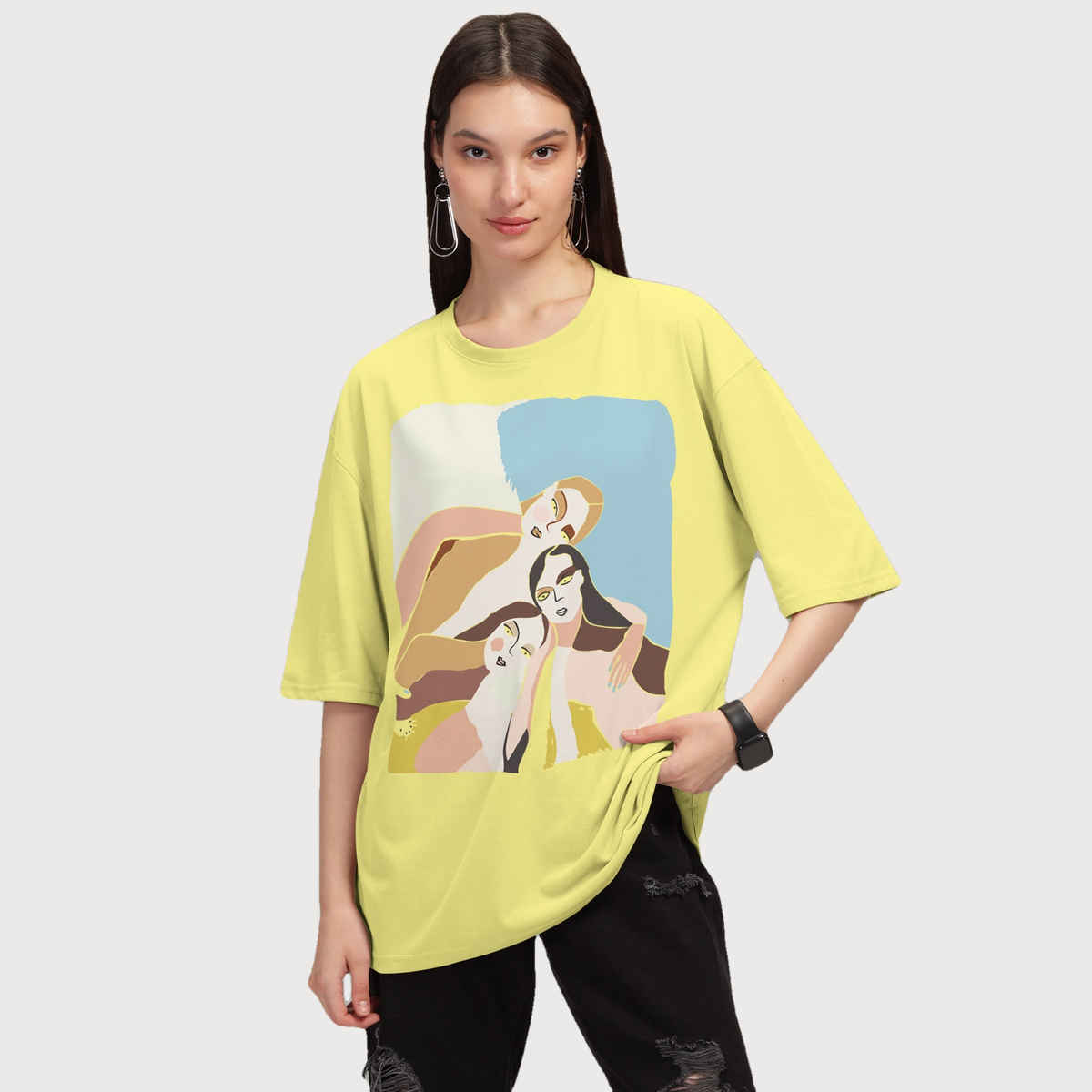 Hellcat Women's Trendy Printed Oversized T-shirt | Yellow - L