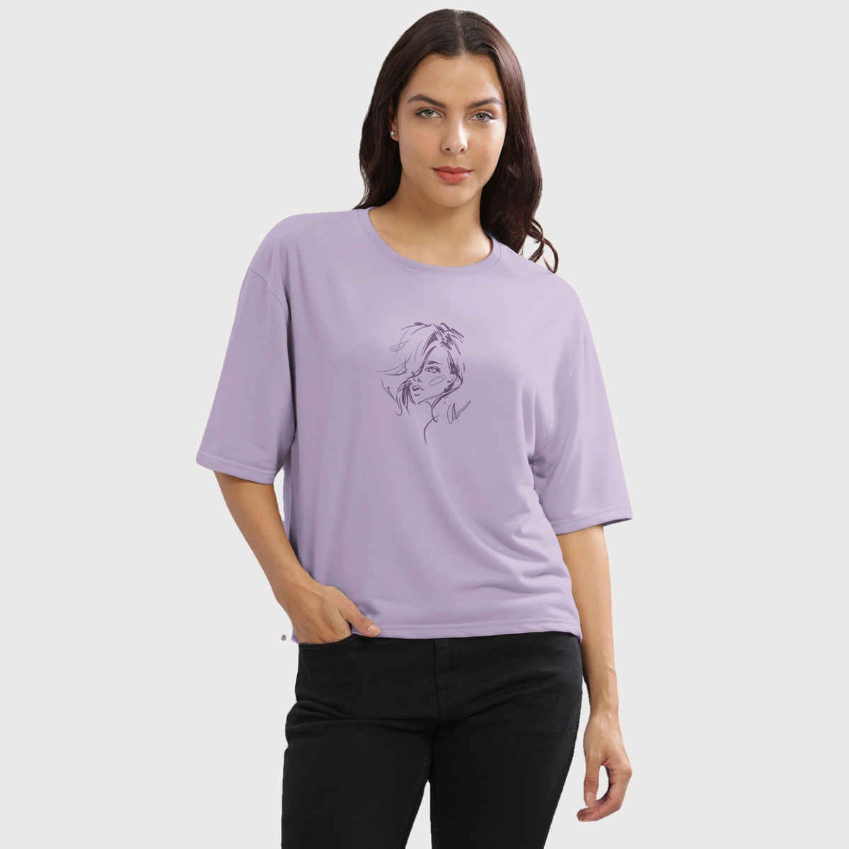 Hellcat Women's Printed Loose Fit Crew-Neck Crop T-shirt | Lavender - M