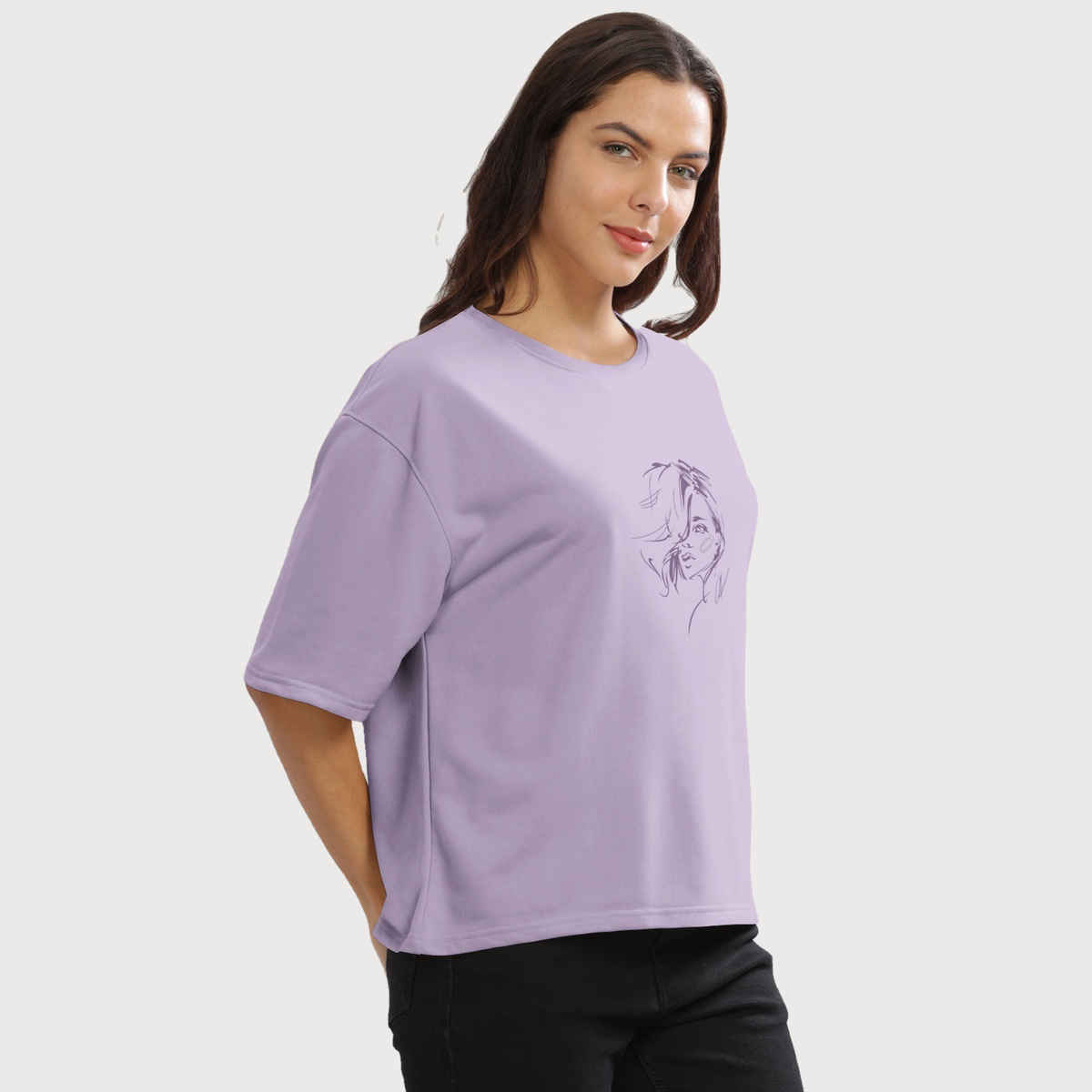 Hellcat Women's Printed Loose Fit Crew-Neck Crop T-shirt | Lavender - M