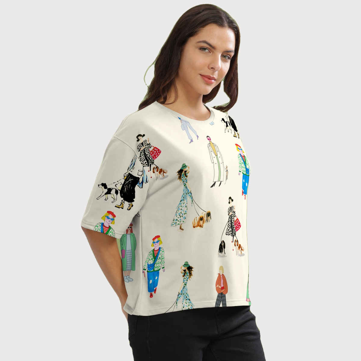 Hellcat Women's Printed Loose Fit Crew-Neck Crop T-shirt | Cream - S