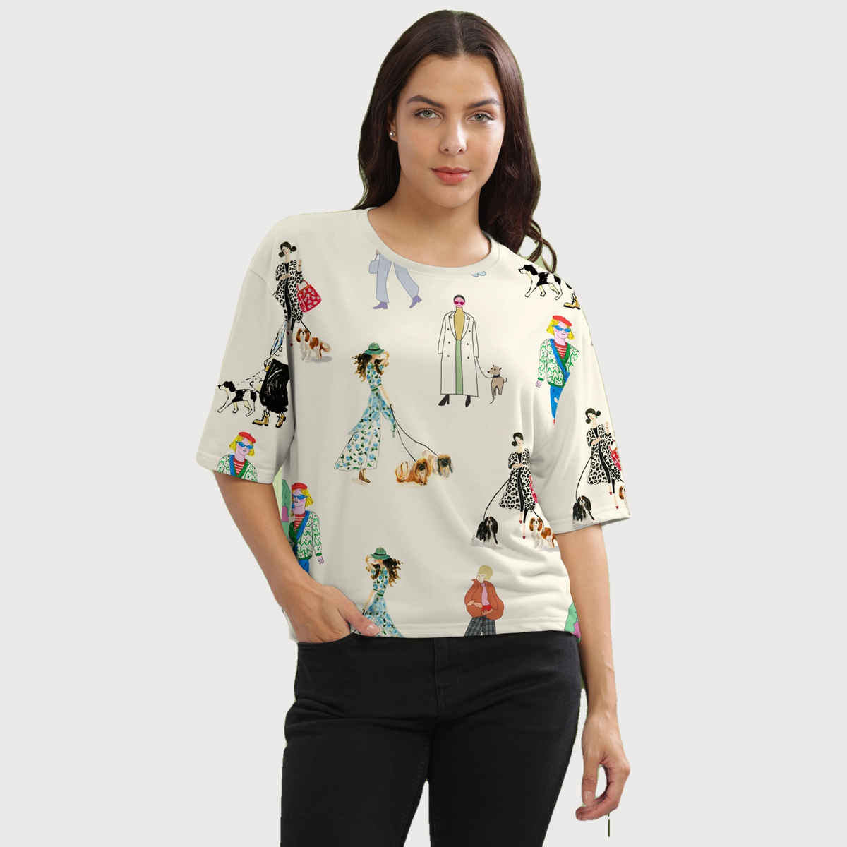 Hellcat Women's Printed Loose Fit Crew-Neck Crop T-shirt | Cream - S