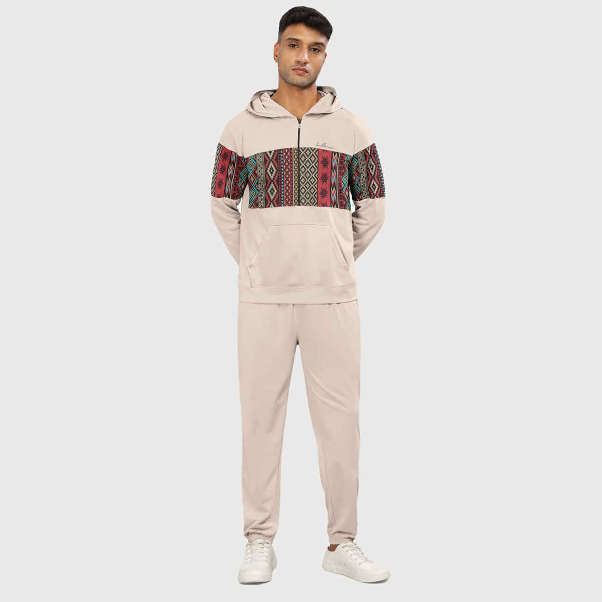 Bullmer Men's Full Sleeve T-shirt Pant Co-ords Set | Beige - M