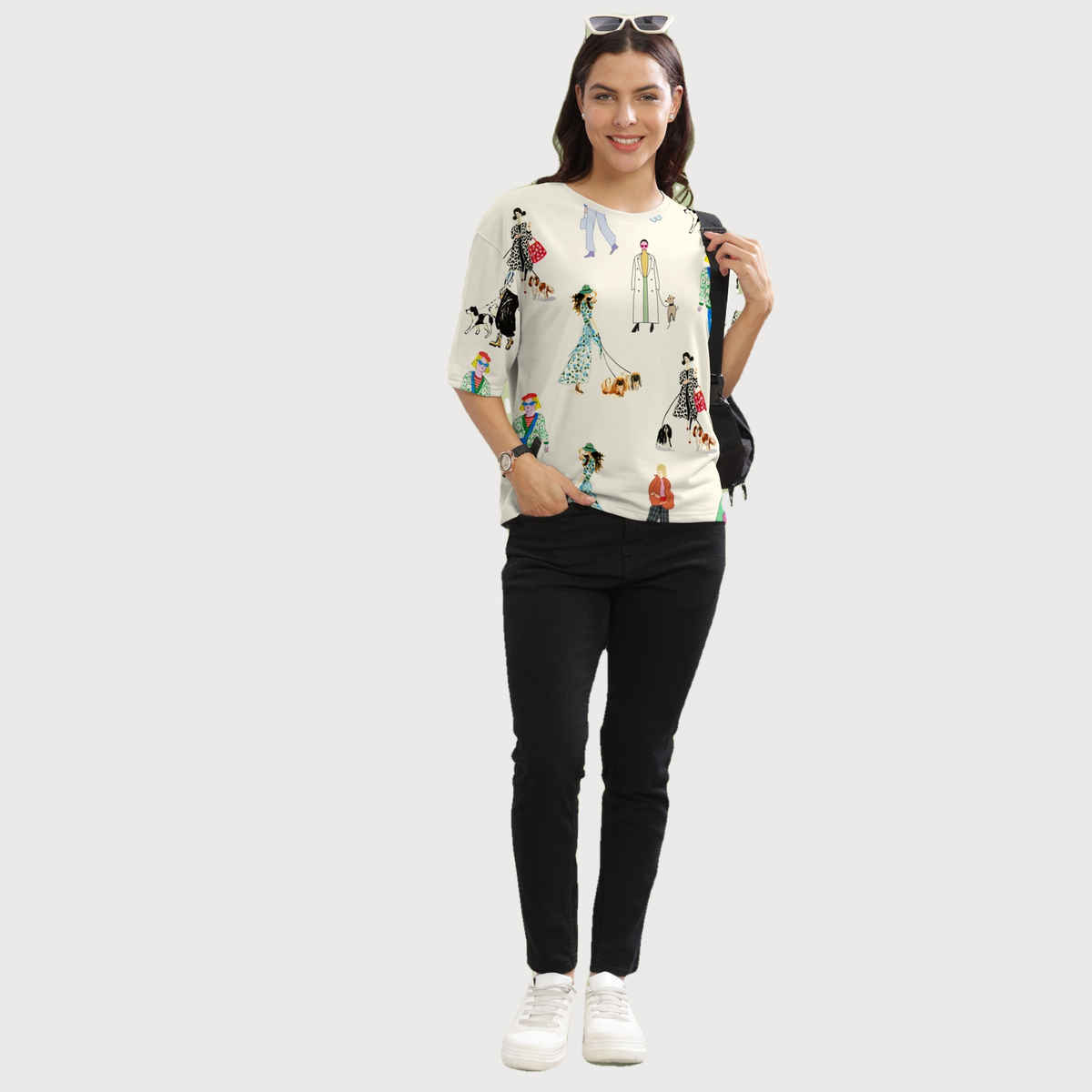 Hellcat Women's Printed Loose Fit Crew-Neck Crop T-shirt | Cream - S