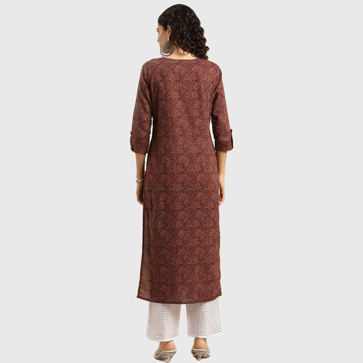 Varanga Women's Bandez Printed Straight Kurta | VKUR45 | Maroon and Blue - L