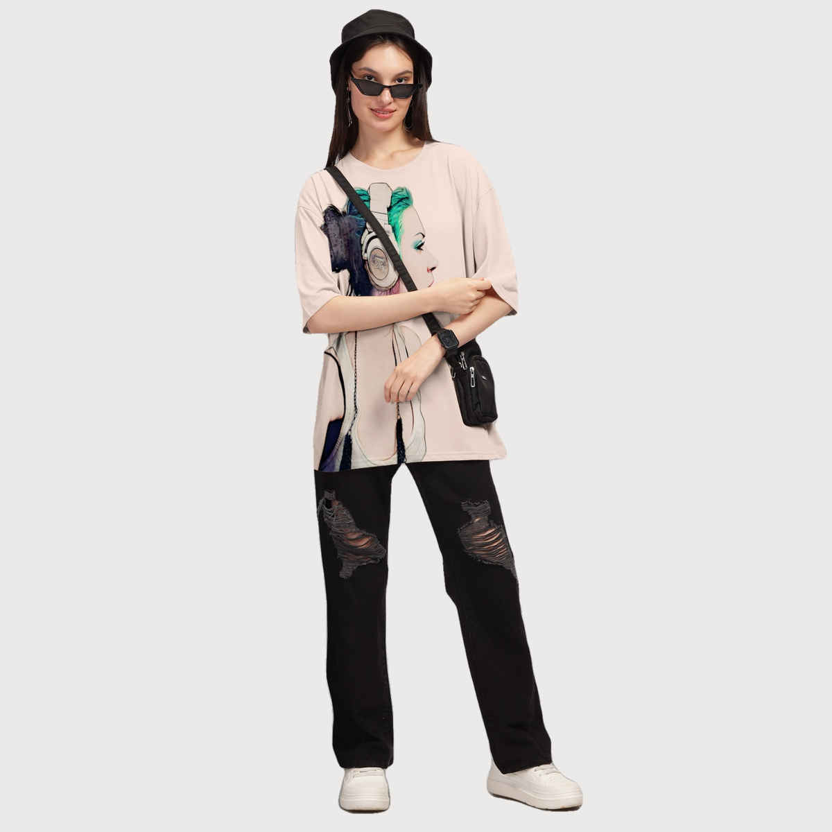 Hellcat Women's Trendy Printed Oversized T-shirt | Beige - XL