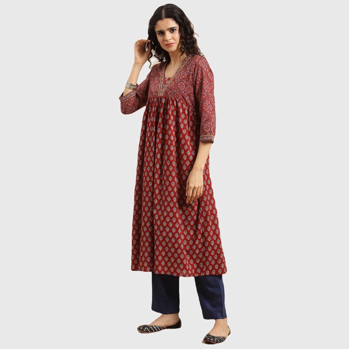 Varanga Women's Bandez Printed Anarkali Kurta | VKUR64 | Maroon and Blue - M
