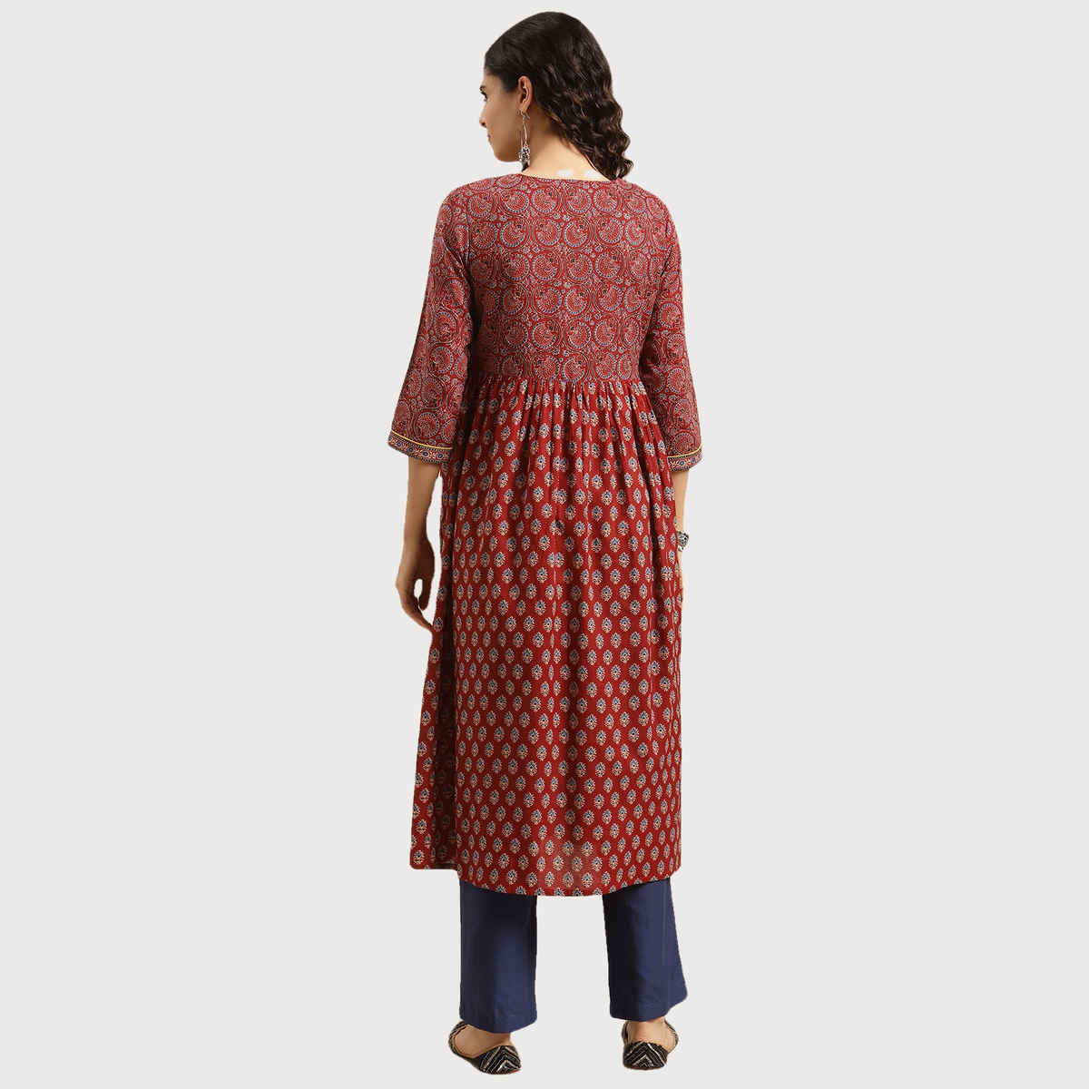 Varanga Women's Bandez Printed Anarkali Kurta | VKUR64 | Maroon and Blue - M