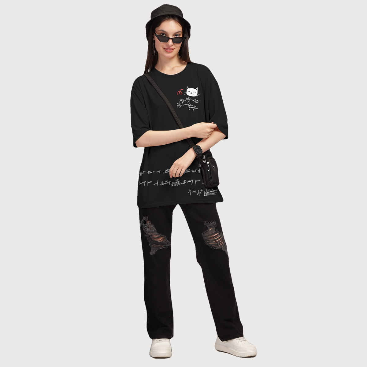 Hellcat Women's Trendy Printed Oversized T-shirt | Black - L