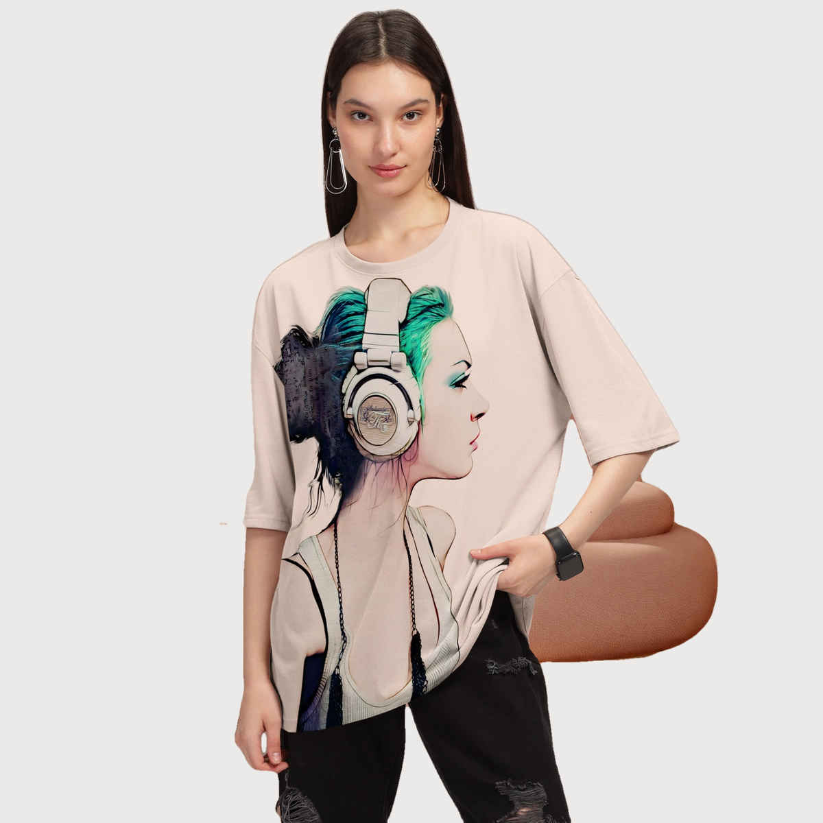 Hellcat Women's Trendy Printed Oversized T-shirt | Beige - XL