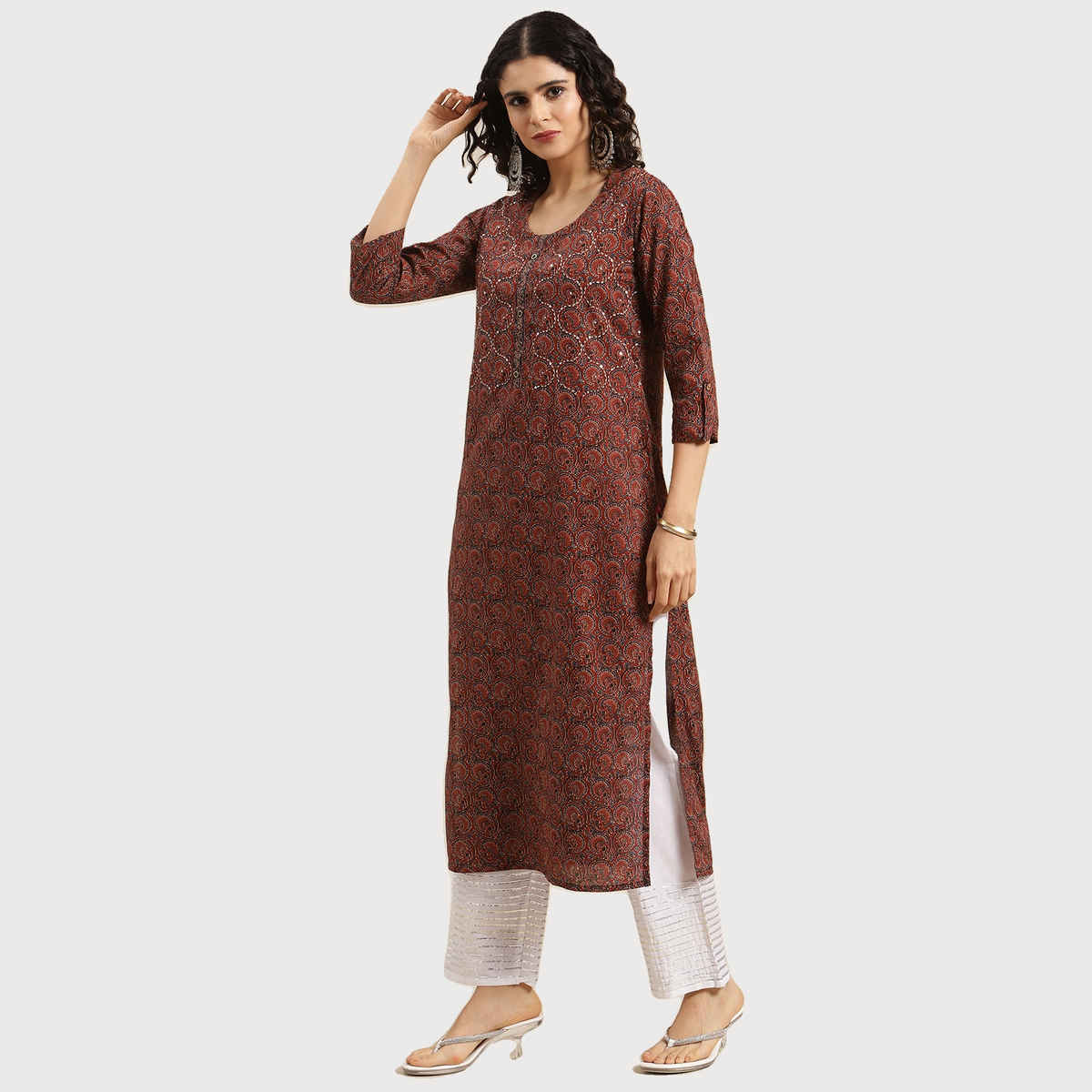 Varanga Women's Bandez Printed Straight Kurta | VKUR45 | Maroon and Blue - L