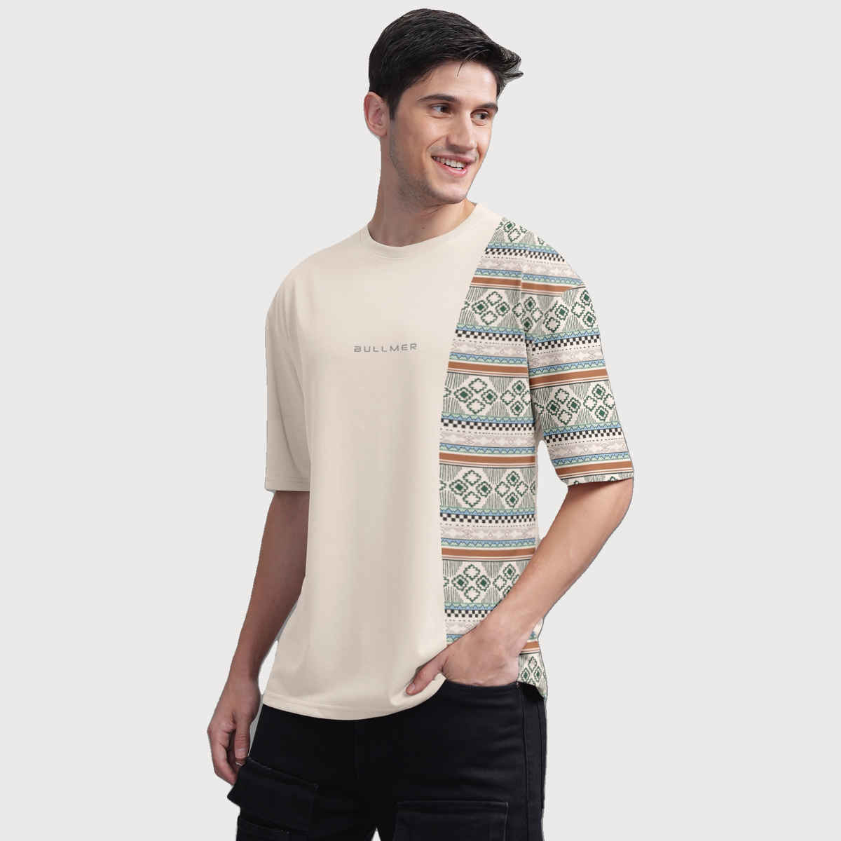 Bullmer Men's Oversized T-shirt Front and Back Printed | Black, Beige | L