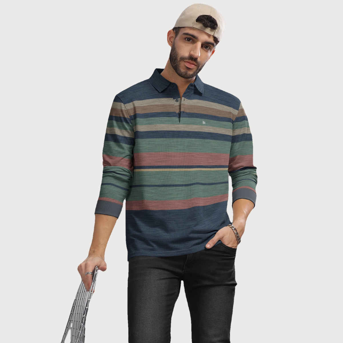 Bullmer Men's Polo Neck Full Sleeve T-shirt Striped Textured Printed | Green | M