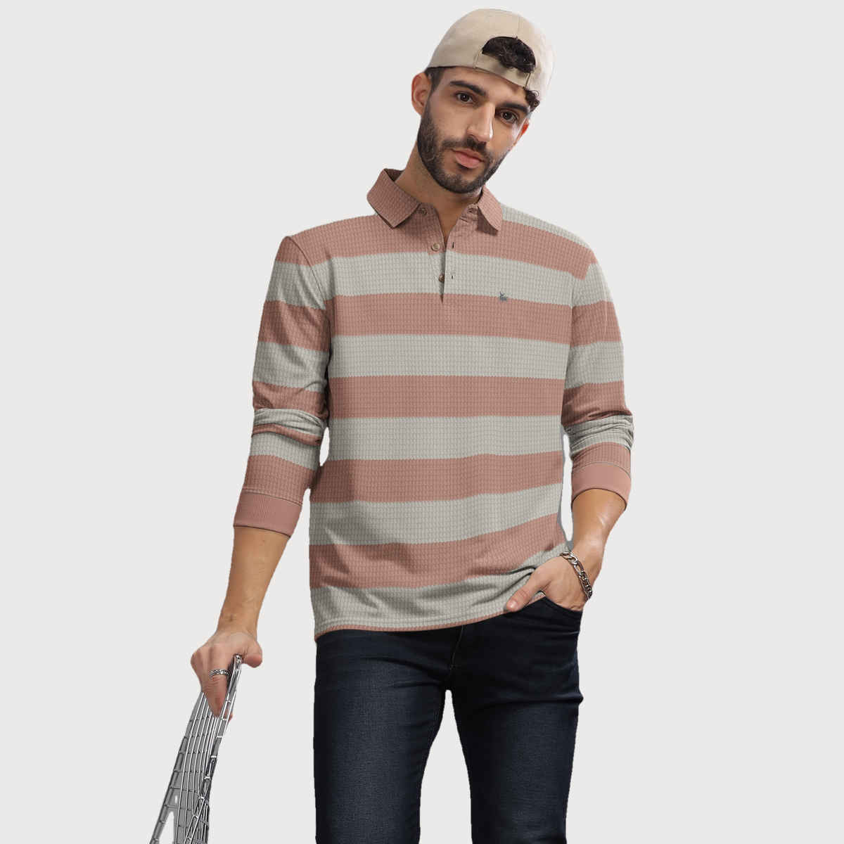 Bullmer Men's Polo Neck Full Sleeve T-shirt Striped Textured Printed | Pink | L