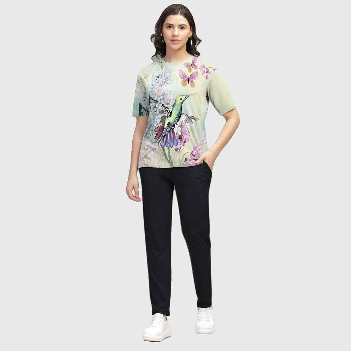 Hellcat Women's Trendy Printed Regular Fit Round Neck casual Tshirt | Beige - L