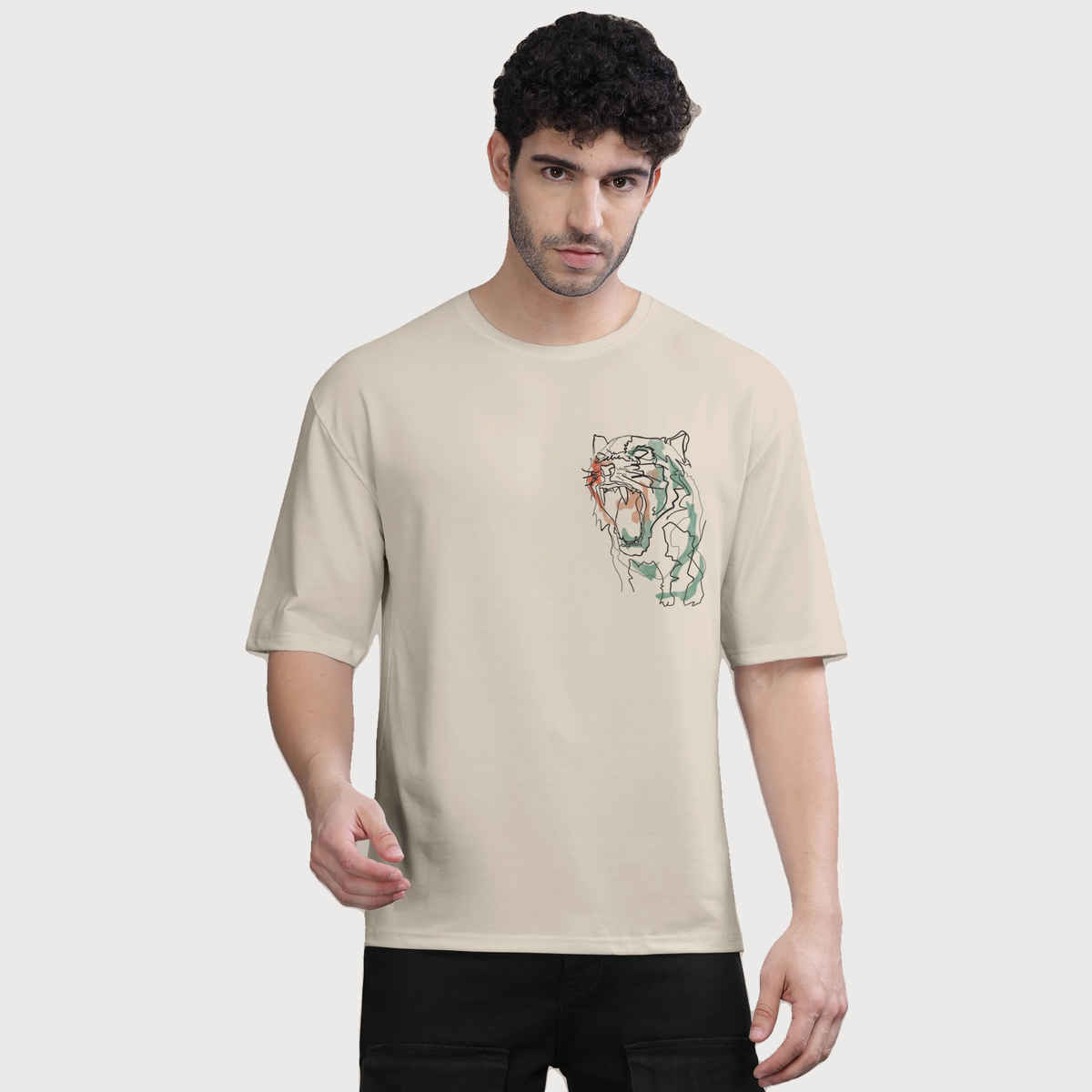 Bullmer Men's Oversized T-shirt Front and Back Printed | Chalk, Olive | XL