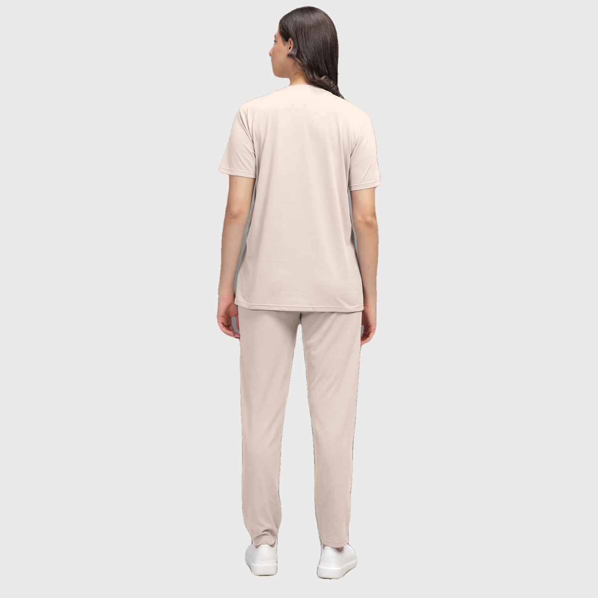 Hellcat Women's Trendy Printed - Solid T-shirt with Pants Lounge Wear - Coords | Beige - S