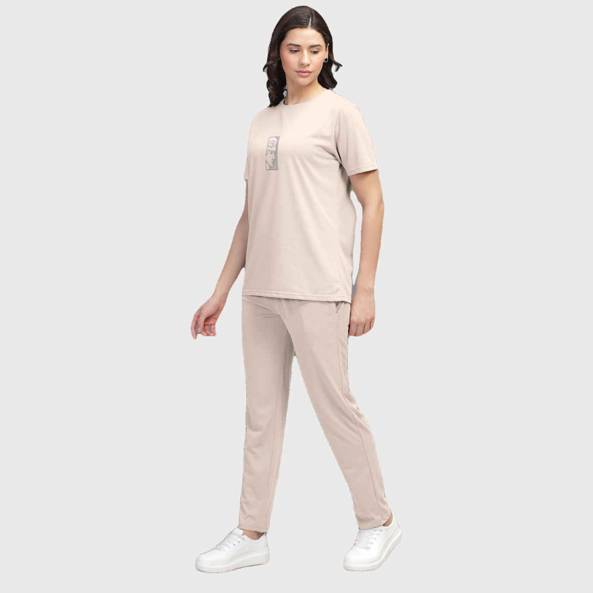 Hellcat Women's Trendy Printed - Solid T-shirt with Pants Lounge Wear - Coords | Beige - S