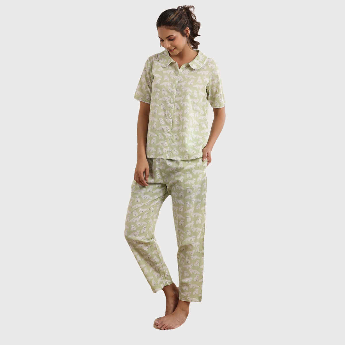 Sanskrutihomes Conversational Printed Pure Cotton Night Shirt And Trousers | Light Green | S