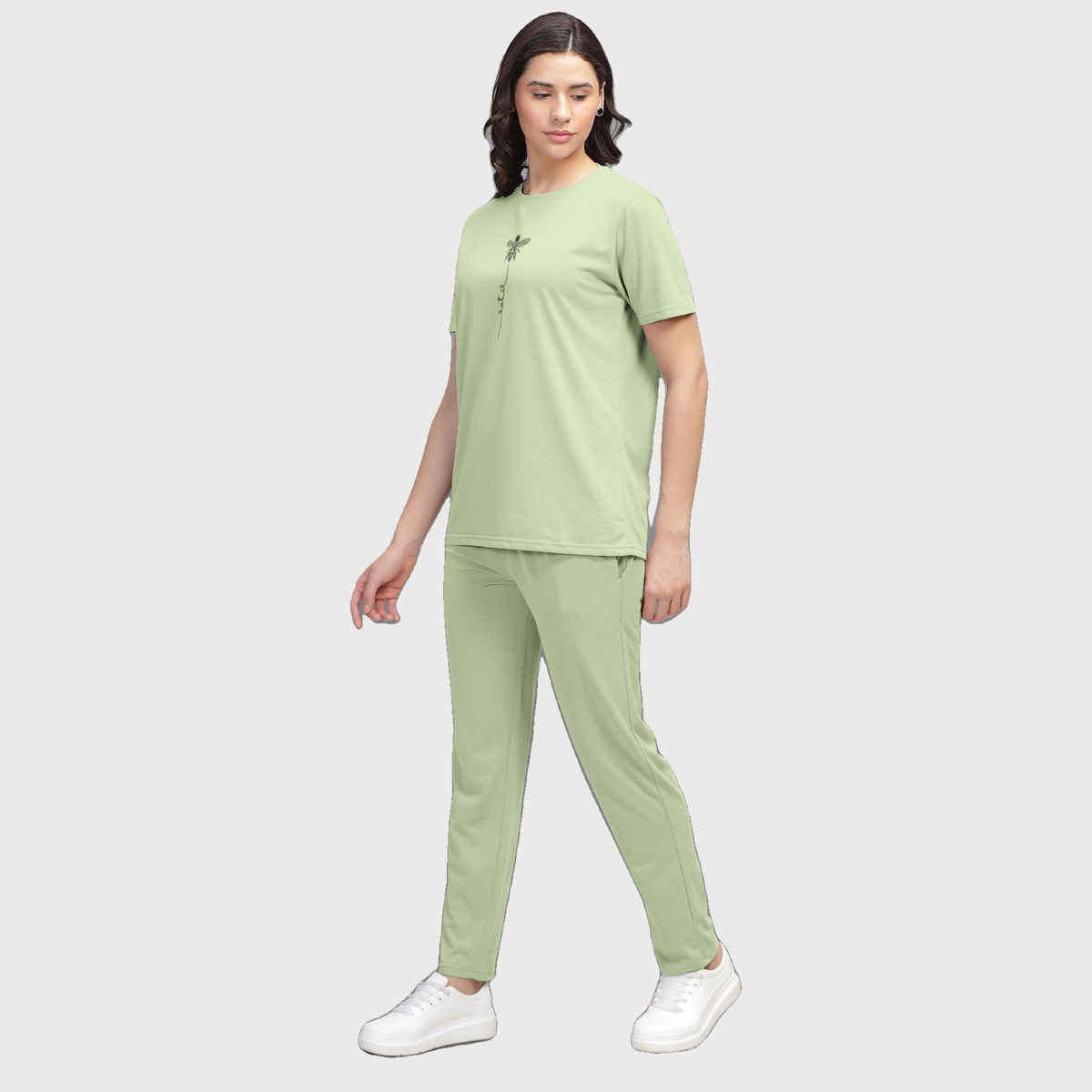 Hellcat Women's Trendy Printed - Solid T-shirt with Pants Lounge Wear - Coords | Green - L